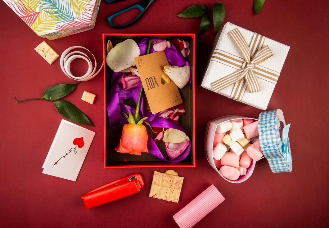 top-view-red-present-box-with-brown-paper-card-coral-color-rose-flower-petals-with-purple-ribbon-heart-shaped-box-filled-with-marshmallow-dark-red-table_141793-8803
